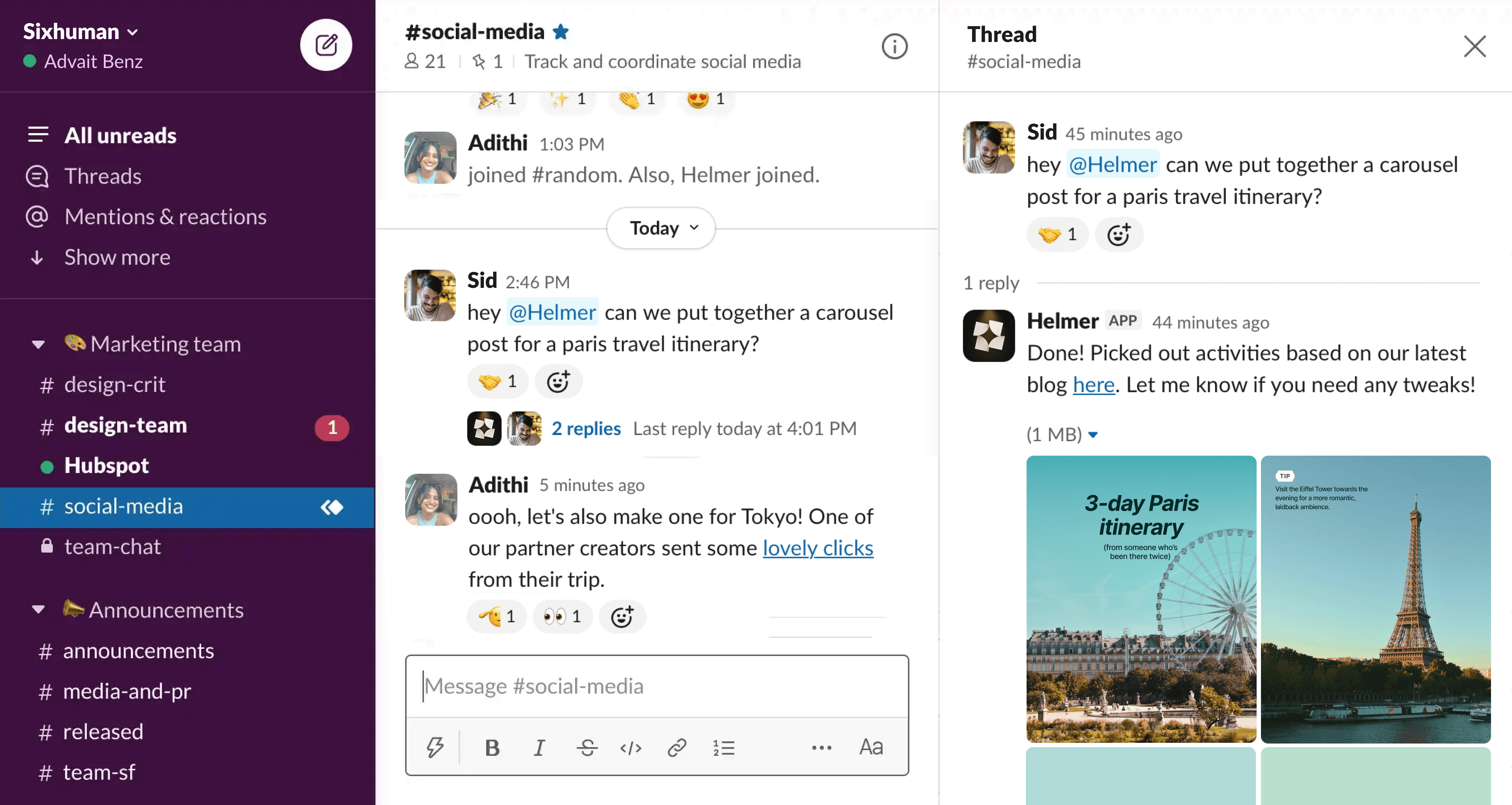 Slack conversation with Helmer creating a Paris itinerary carousel